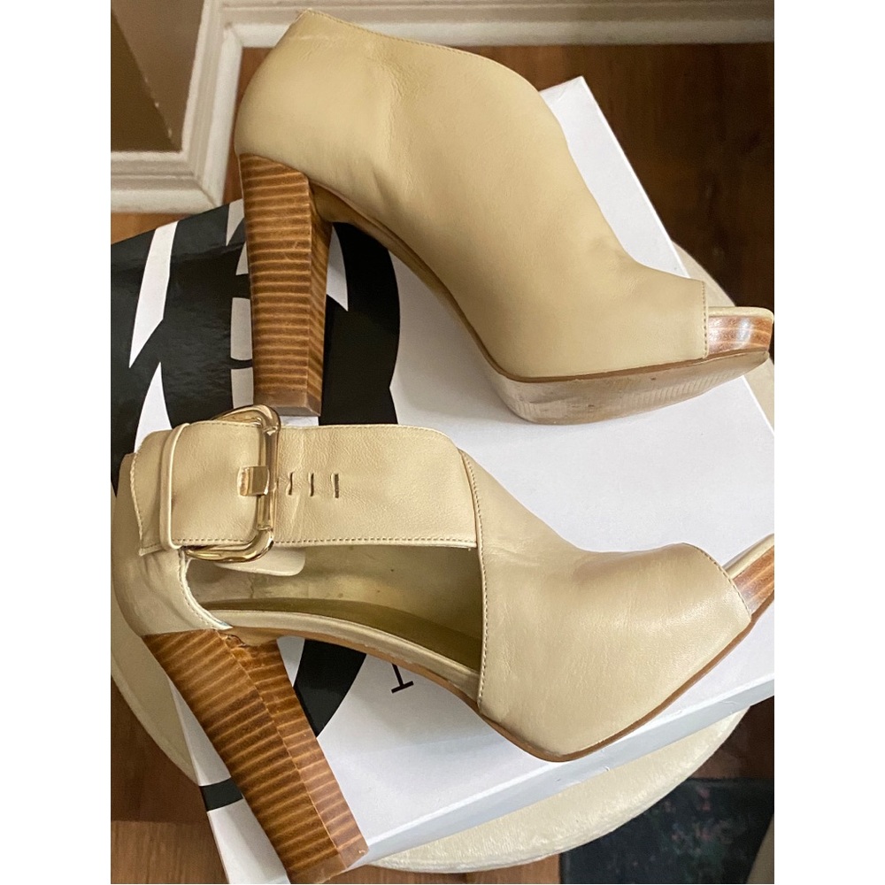 Nine West Neutral Block Heels with Buckle detail, open toe.